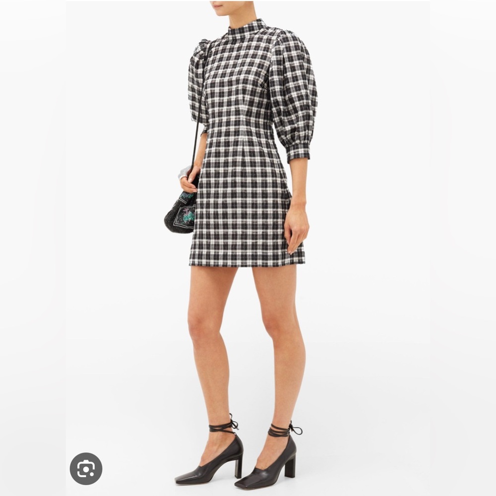 NWOT Ganni Black Puff-sleeve Cotton-blend Gingham-seersucker Dress